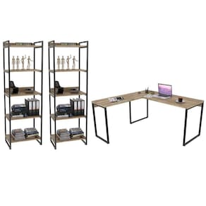 Conjunto Escritório Estilo Industrial Mesa 150X150Cm E 2 Estantes 60Cm 5 Prateleiras C08 Carvalho