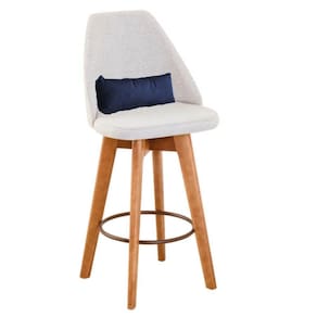 Banqueta Com Encosto Bege Claro E Almofada Azul Marinho