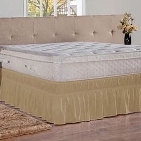 Saia Box Babado Cama Casal Queen e King Ajustável com 2 Elásticos Lisa Bege