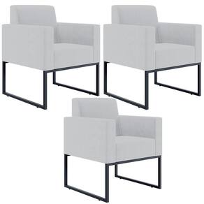Kit 03 Poltronas Base Fixa De Metal Helô L02 Linho Cinza