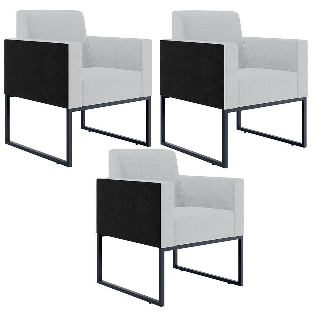 Kit 03 Poltronas Base Fixa Metal Helô L02 Linho Cinza Preto