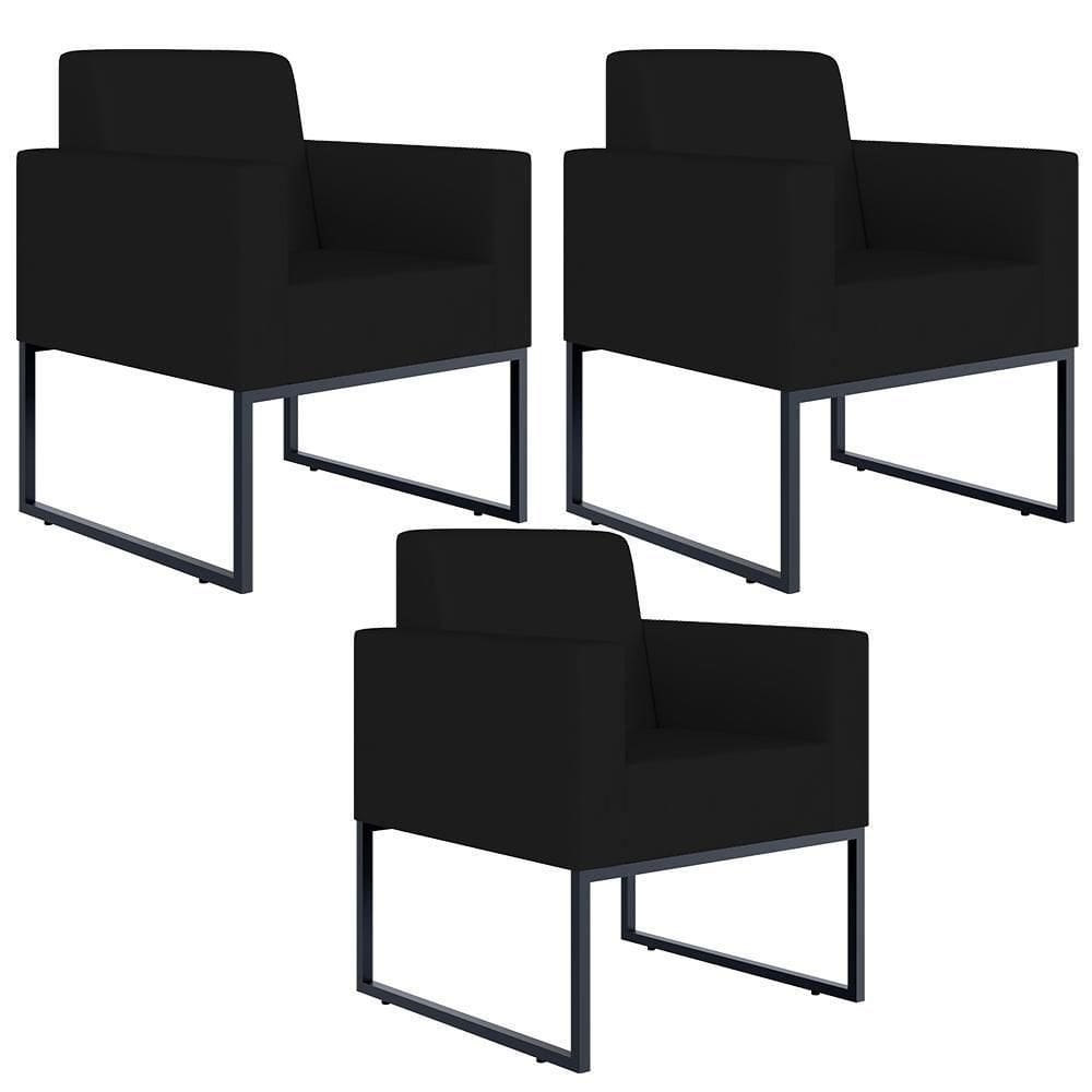 Kit 03 Poltronas Base Fixa De Metal Helô L02 Suede Preto