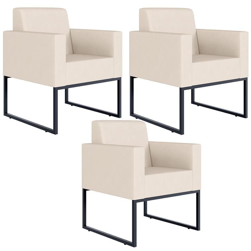 Kit 03 Poltronas Base Fixa De Metal Helô L02 Suede Bege