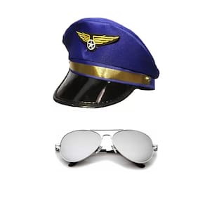 Fantasia De Aviador Piloto C/ Quepe Azul E Óculos Espelhado