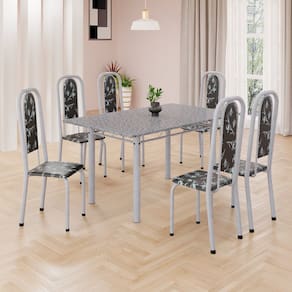 Conjunto de Mesa Retangular 140x75cm Tampo Granito Ocre 6 Cadeiras Lavínea Preto Floral/ Mart Pérola