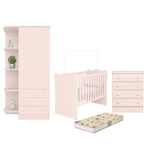 Dormitório Infantil Doce Sonho 2 Portas, Cômoda 4 Gavetas, Berço e Colchão - Qmovi