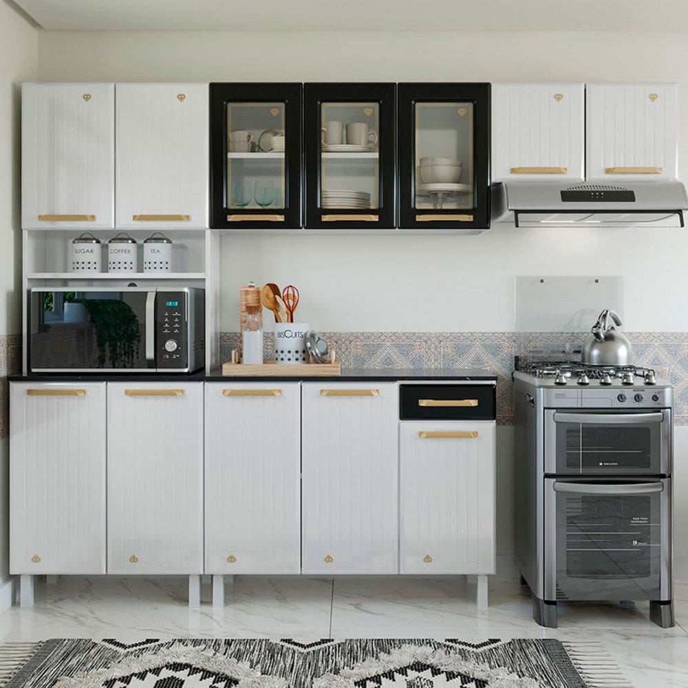 Armário de Cozinha Compacta de Aço Completa Diamante 12 Portas 1 Gaveta Branco/Preto 818489 - Pnr Móveis