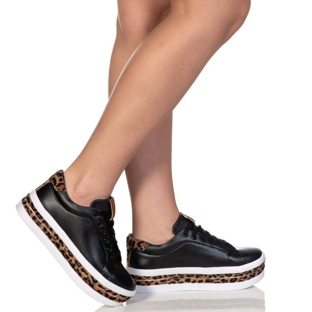 Tênis Feminino Plataforma Animal Print Preto Onça Estilo Shoes