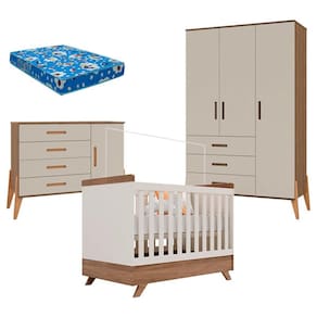 Quarto de Bebê Emilly 3 Portas e Berço Americano Retro Vitória Off White Carvalho com Colchão Ortobom - Canaã