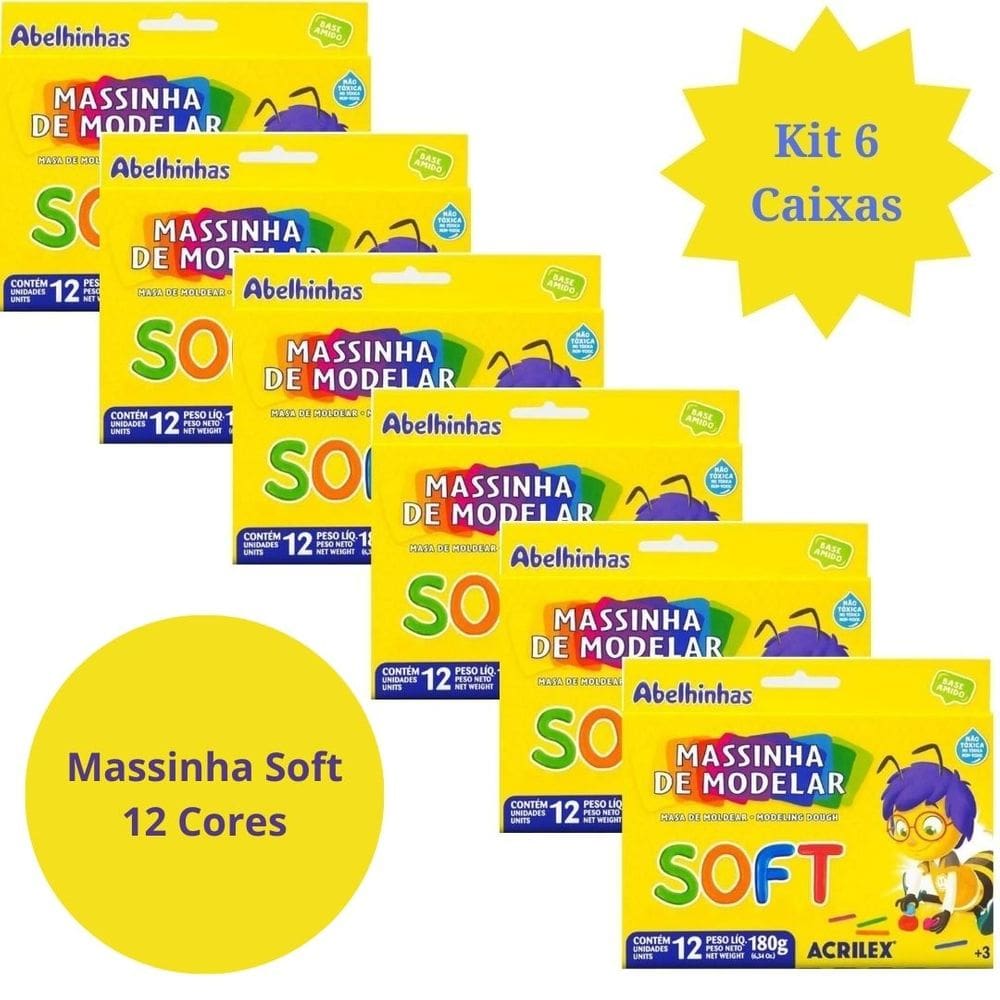 Kit com 6 Massinha de Modelar Soft 12 Cores - Massa Acrilex