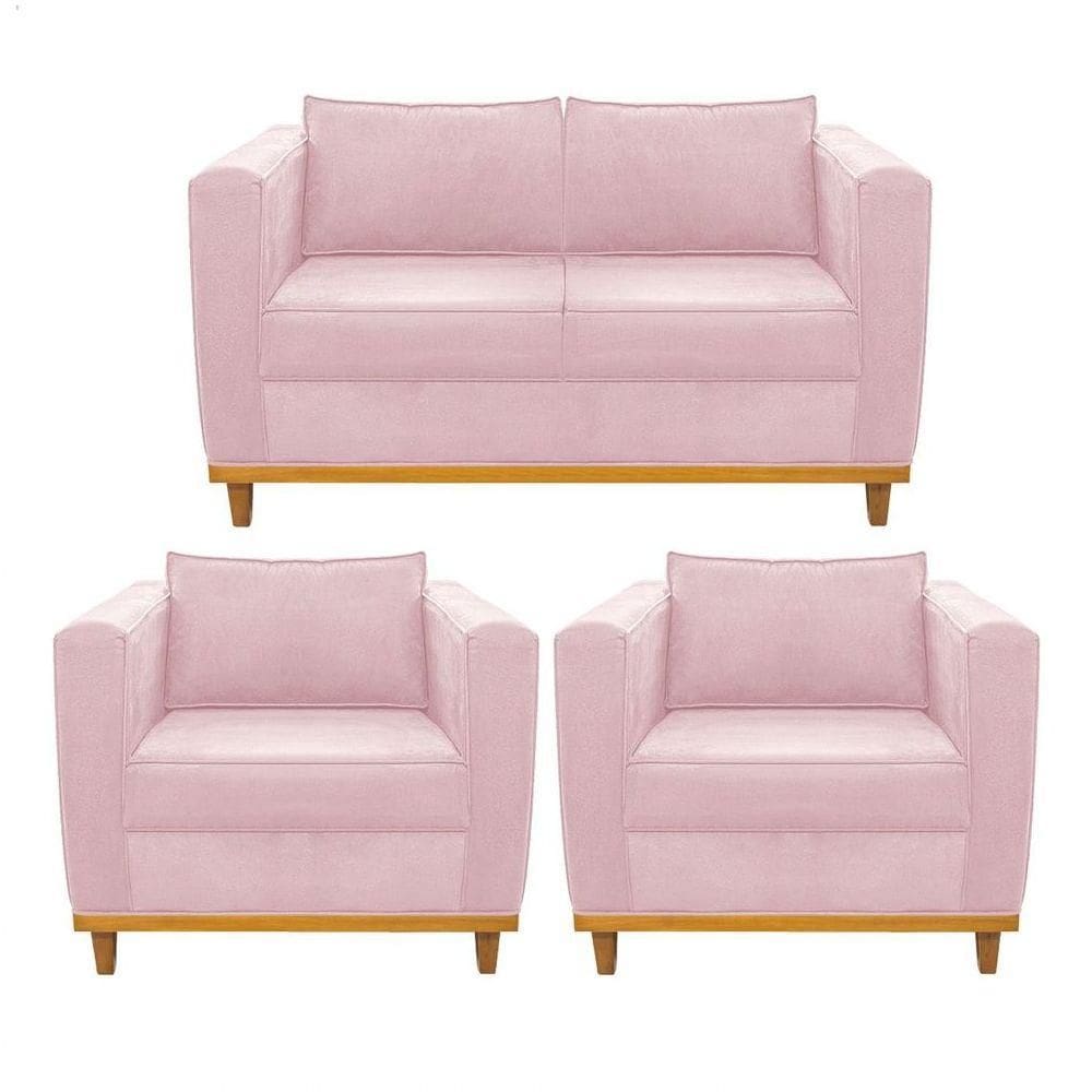 Kit Sofá 2 Lugares E 2 Poltronas Europa Suede Rosa Bebê