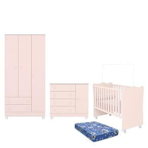 Dormitório Doce Sonho 3 Portas, Cômoda 1 Porta, Berço com Rodízio e Colchão - Qmovi