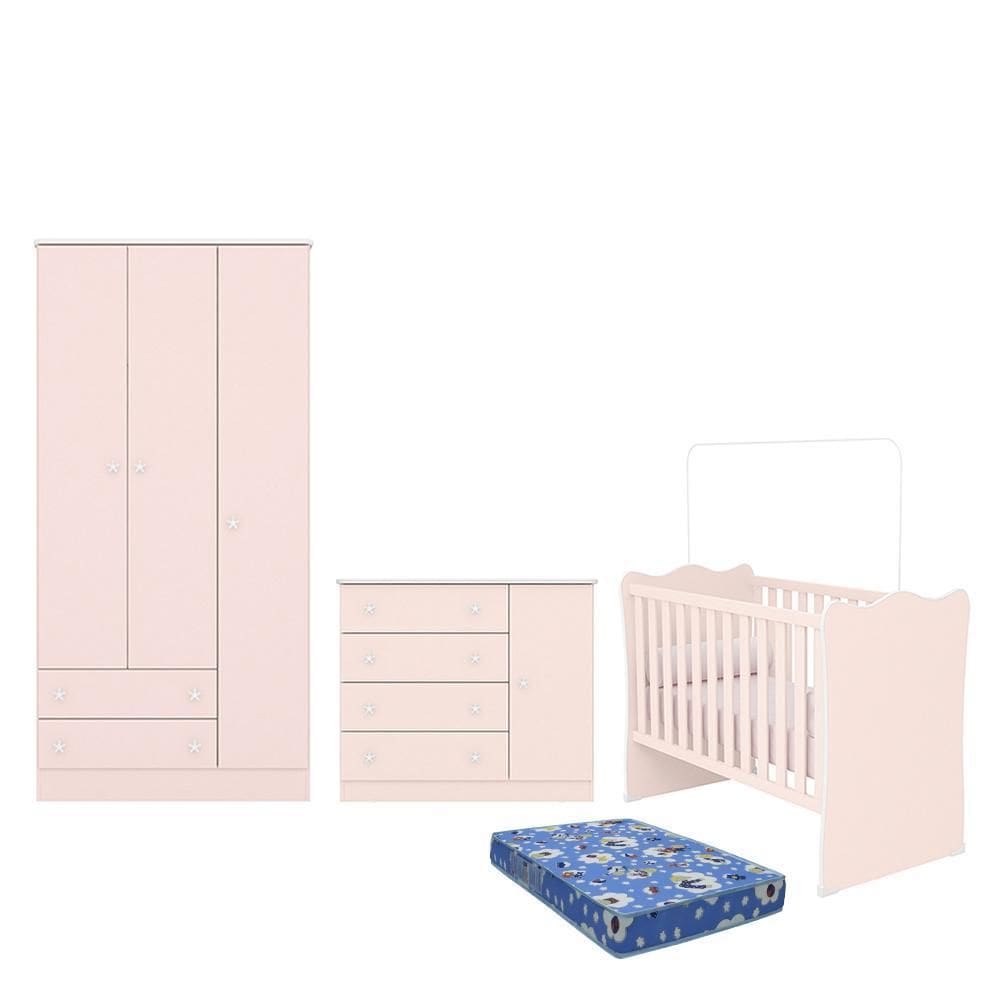 Dormitório Infantil Doce Sonho 3 Portas, Cômoda 1 Porta e Berço com Colchão - Qmovi
