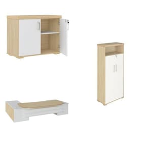 Conjunto Executivo Mesa Tamburato Presidente Armário 2 Portas Com Nicho E Balcão 2 Portas Carvalho/Branco