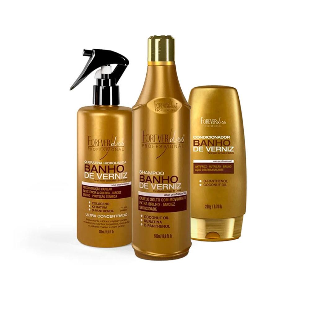 Kit Mega Banho Verniz Shampoo, Cond e Queratina Forever Liss