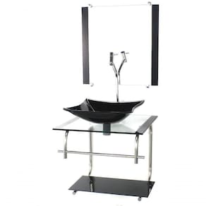 Gabinete De Vidro Para Banheiro 40cm Inox Cuba Quadrada Com Sifao E Torneira Metal Cor:preto