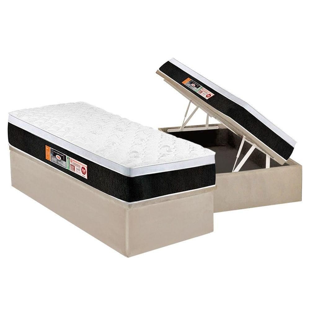 Cama Box Baú Solteiro: Colchão Espuma Castor D45 Black e White Air Euro Pillow + Base CRC Suede Clean(88x188)