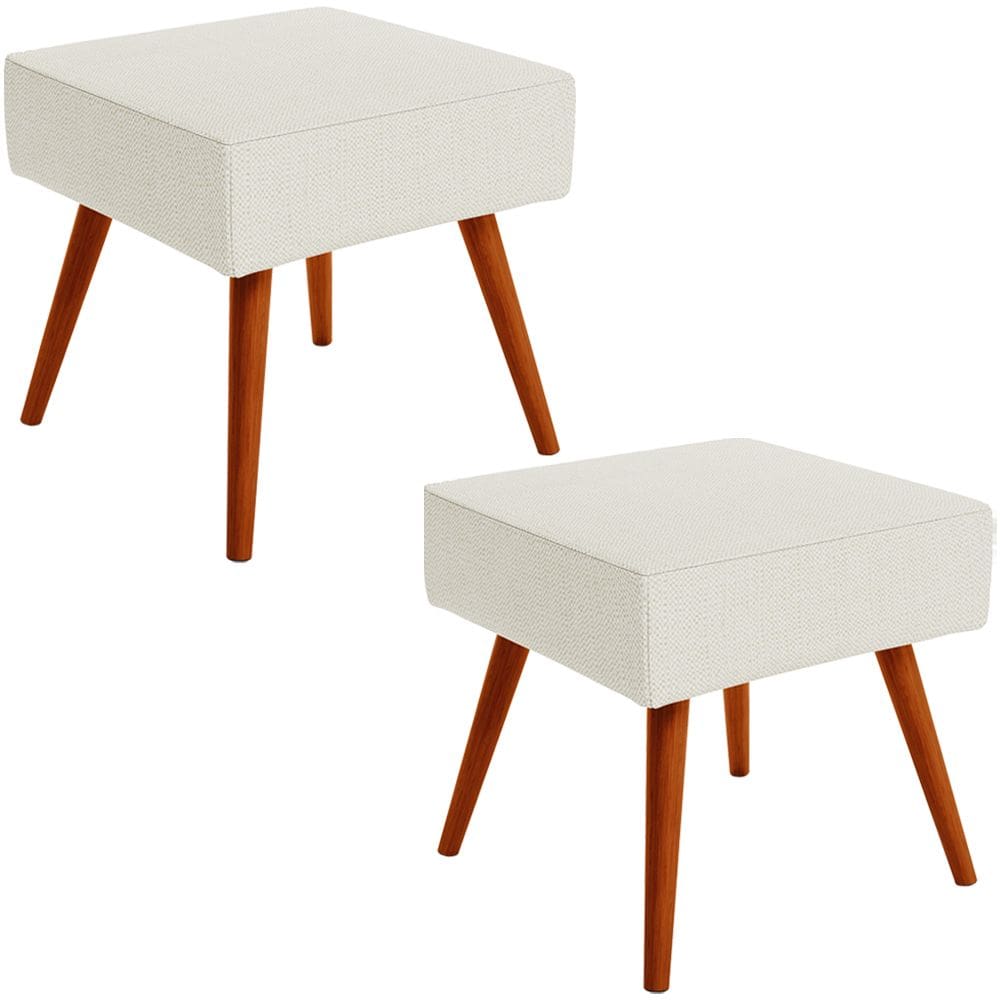 Kit 02 Puffs Banqueta Decorativa Com Pés Palito Lívia W01 Linho Champagne - Lyam Decor