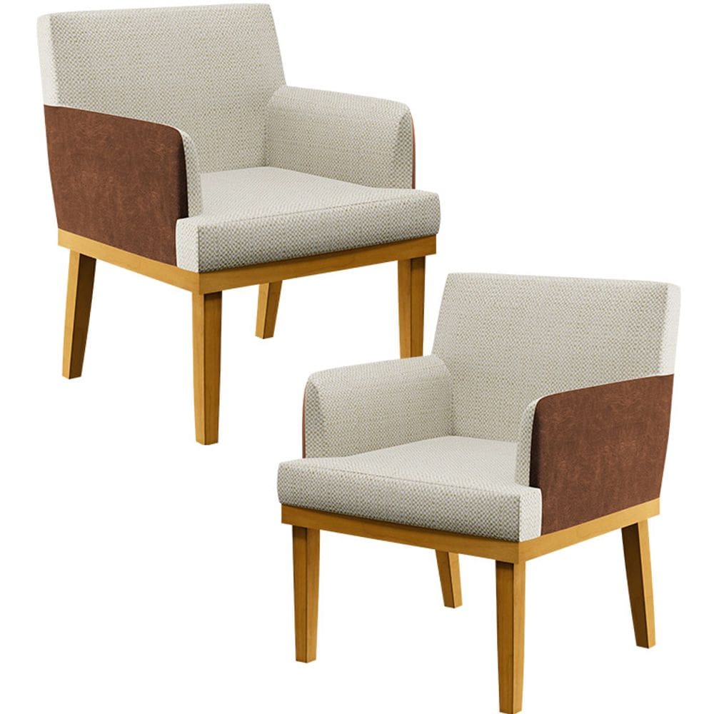 Kit 02 Poltronas Decorativa Base Beatriz W01 Linho Champagne Couríssimo Marrom - Lyam Decor