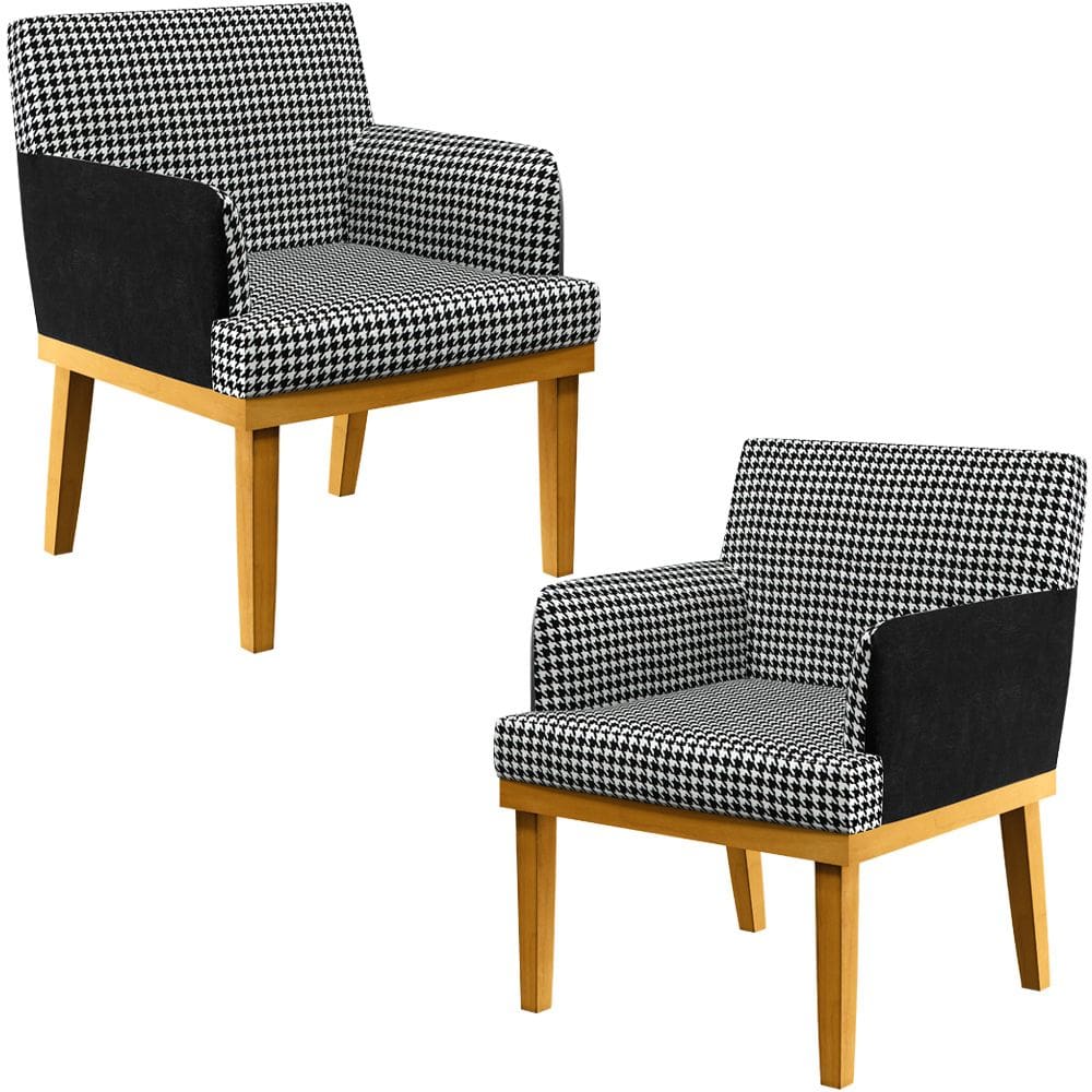 Kit 02 Poltronas Decorativa Base  Beatriz W01 Suede Pied Poule Couríssimo Preto - Lyam Decor