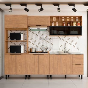Cozinha Completa Laura 9 Portas 3 Gavetas com Vidro 100% Mdf Freijo - Mx Móveis