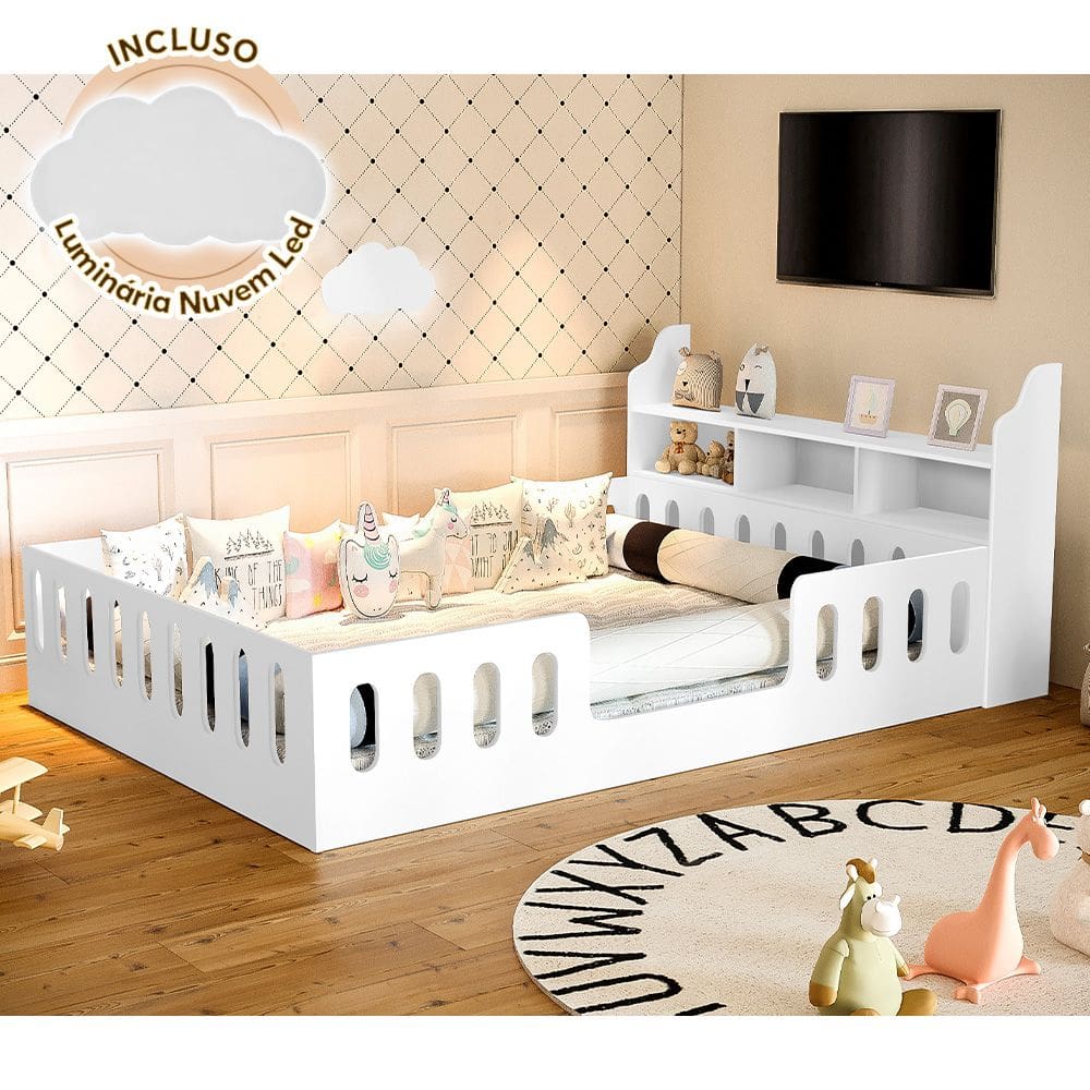 Cama Montessoriana Helo com Nicho + Luminária Led - Branco
