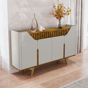 Aparador Buffet 4 Portas MDF Ripado Real Pés de Madeira Maciça Tâmisa Off-White/Naturalle