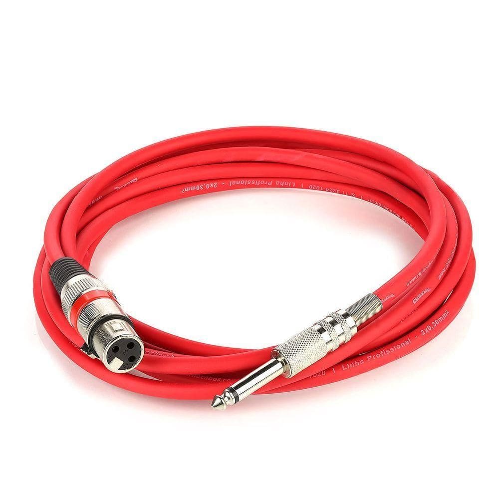 Cabo De Microfone Xlr Femea Para P10 Mono - Vermelho - 3 Metros