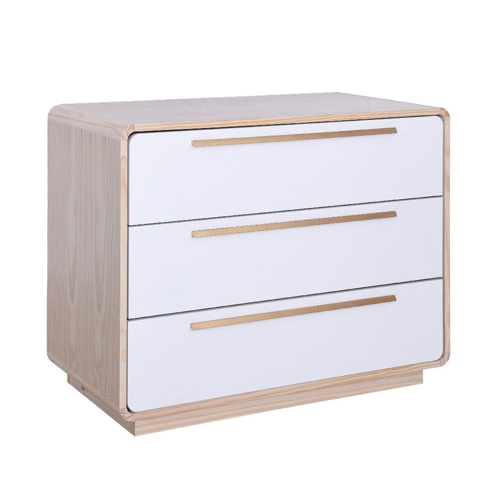 Cômoda Wave 3 Gavetas com Puxadores Dourado - Natural e Branco