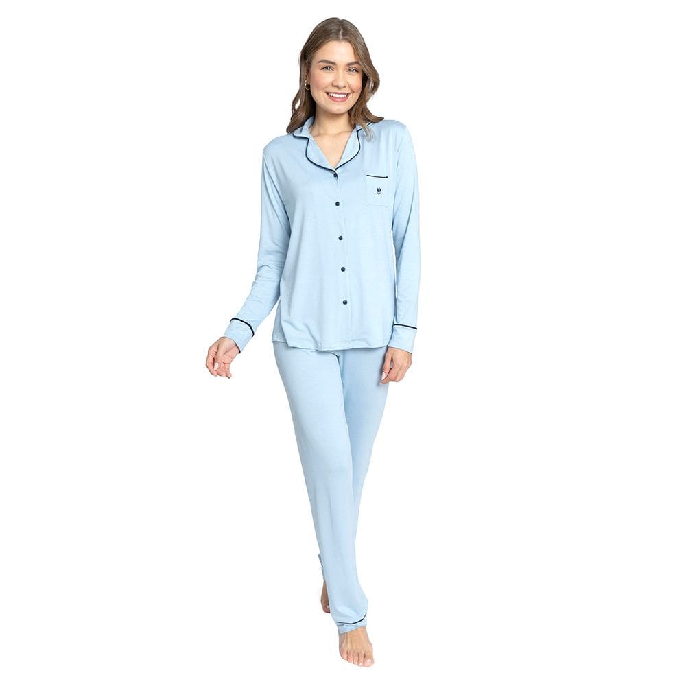 Pijama Feminino Americano Aberto com Botao Longo de Inverno