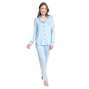 Pijama Feminino Americano Aberto com Botao Longo de Inverno