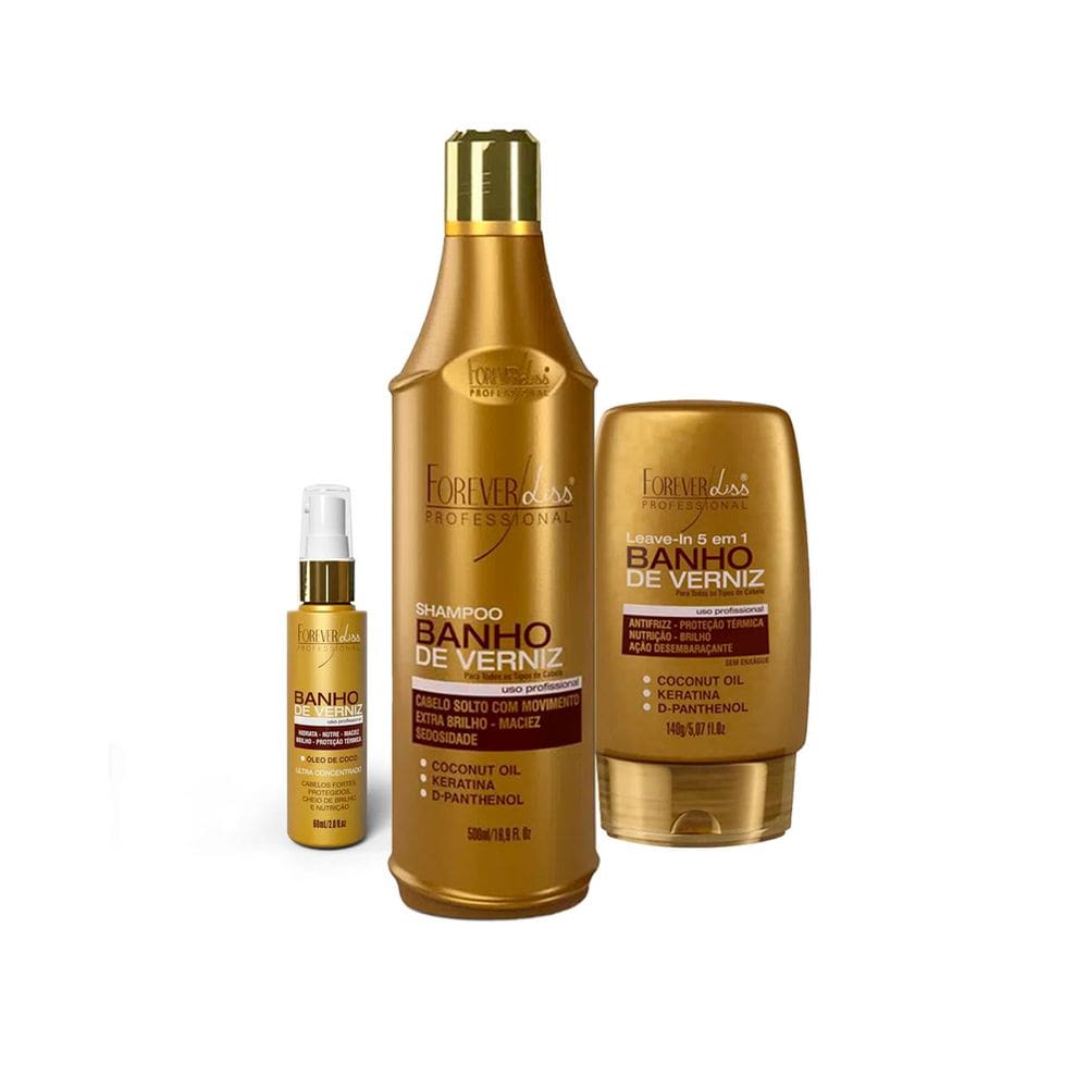 Kit Banho de Verniz Forever Liss Shampoo 500, Leave-in, Oleo