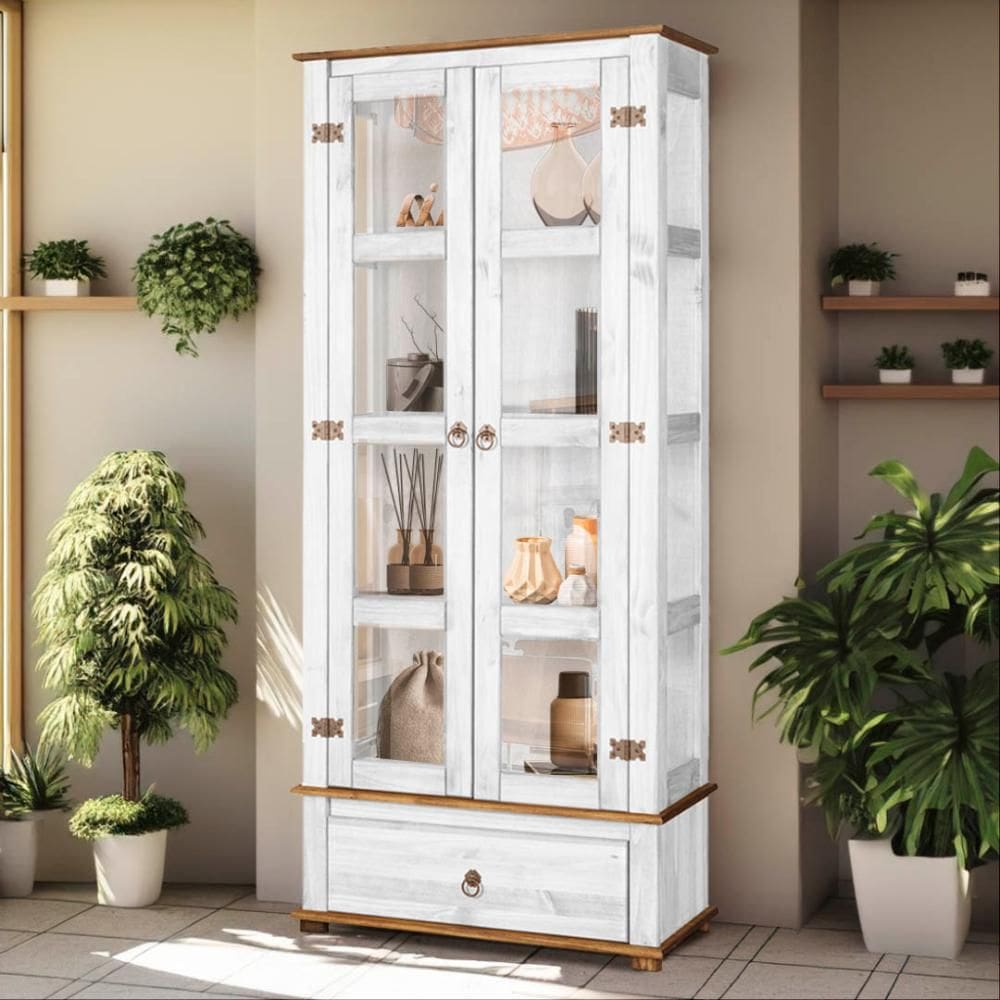 Cristaleira Retrô 2 Portas Vidro Lateral Madeira Maciça Branco Garapa D106VL Shop JM