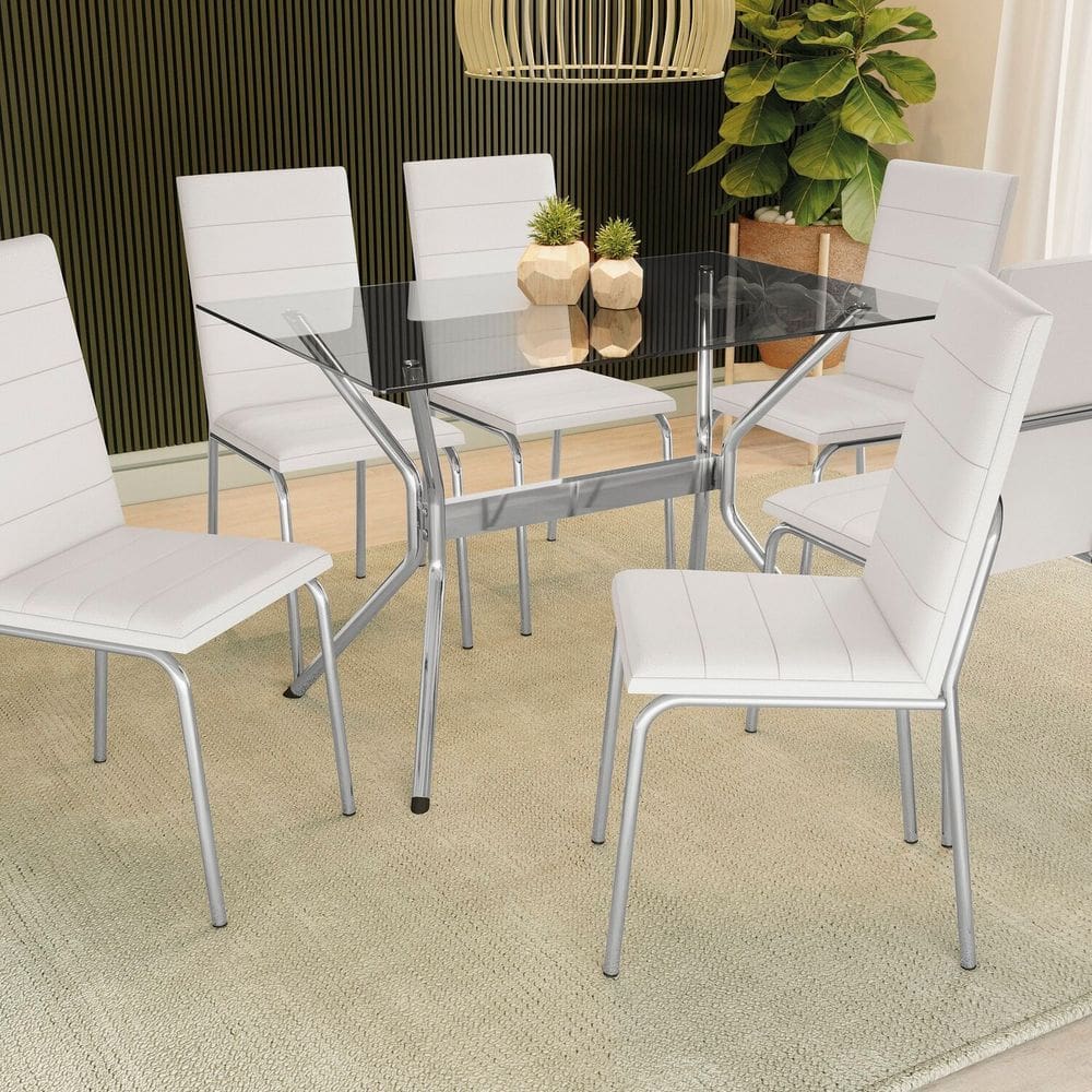 Conjunto Mesa Loire tampo de Vidro e 6 Cadeiras Amsterdã Cromado/Branco
