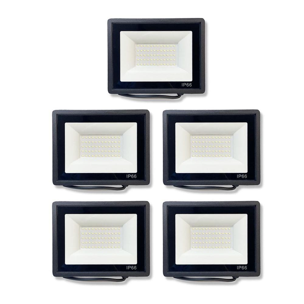Kit 5 Refletores Led Slim Alumínio Preto 100W Branco-Frio