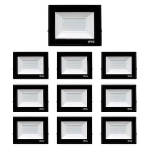 Kit 10 Refletores Led Slim Alumínio Preto 150W Branco-Frio
