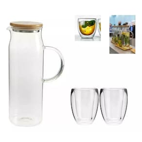 Kit Jarra Suco Tampa Bambu Vidro 1,5 L 04 Copos Parede Duplo