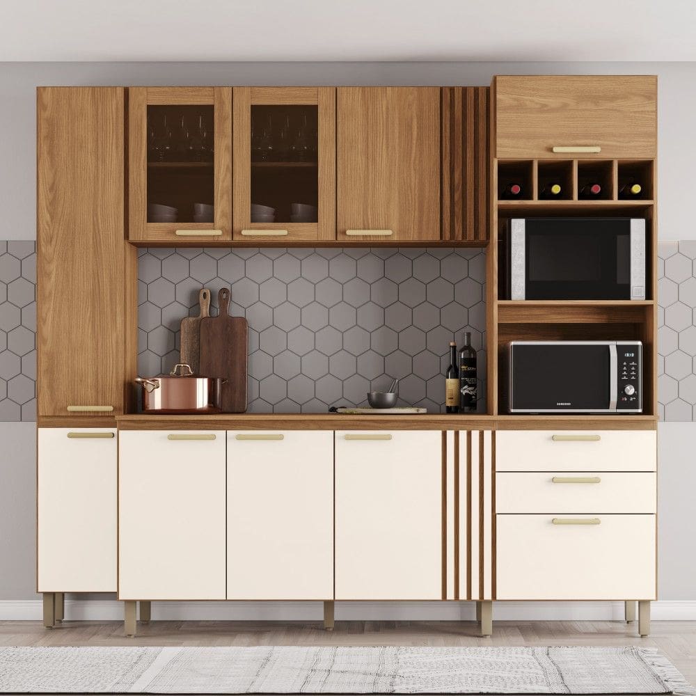 Cozinha Compacta 10 Portas 2 Gavetas Bc01 Be402 Nature/Off White - Briz