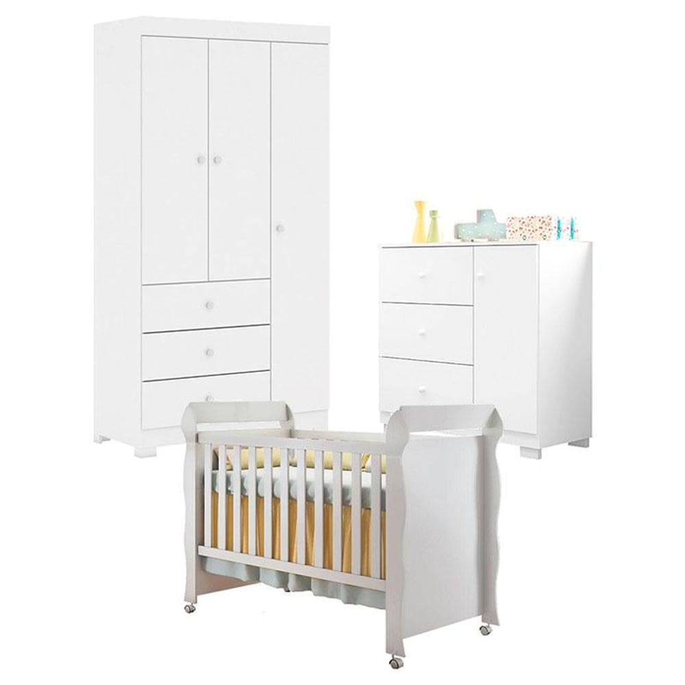 Quarto de Bebê Duda 3 Portas com Berço Americano Mirelle Branco Brilho - Phoenix Baby