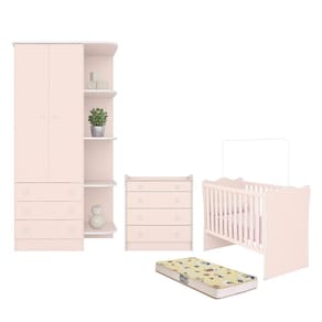 Dormitório Doce Sonho Guarda Roupa, Cômoda Trocador e Berço com Colchão Supreme - Qmovi