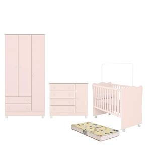Dormitório Doce Sonho 3 Portas, Cômoda 1 Porta, Berço com Rodízio e Colchão D18 - Qmovi
