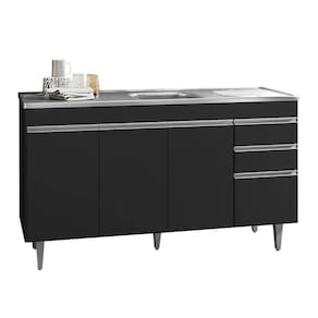 Balcão de Cozinha Com Pia Inox 160cm 3 Gavetas Andréia Preto - AJL Móveis