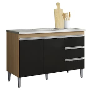 Balcão de Cozinha Com Pia Inox 120cm 3 Gavetas Andréia Amêndoa/Preto - AJL Móveis