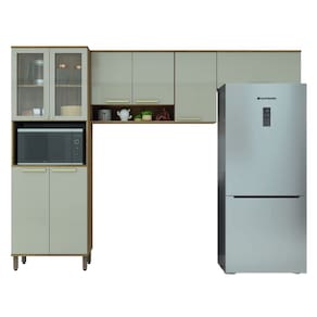 Armário de Cozinha Completa 8 Portas Com Vidro e Nicho Para Micro Ondas Madeirado/Mocca Isis Luciane