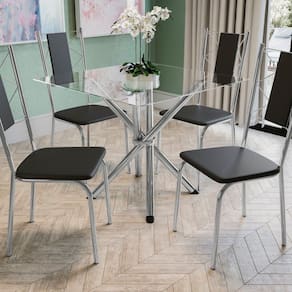 Conjunto Mesa Volga tampo de Vidro e 4 Cadeiras Lisboa Cromado/Preto