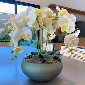 Arranjo Grande Centro de Mesa 4 Orquídeas Branca 3d Vaso Verde