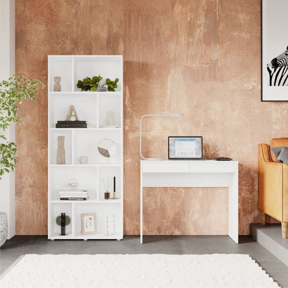 Escrivaninha 90cm 2 Gavetas com Estante Montessoriana 10 Nichos Branco
