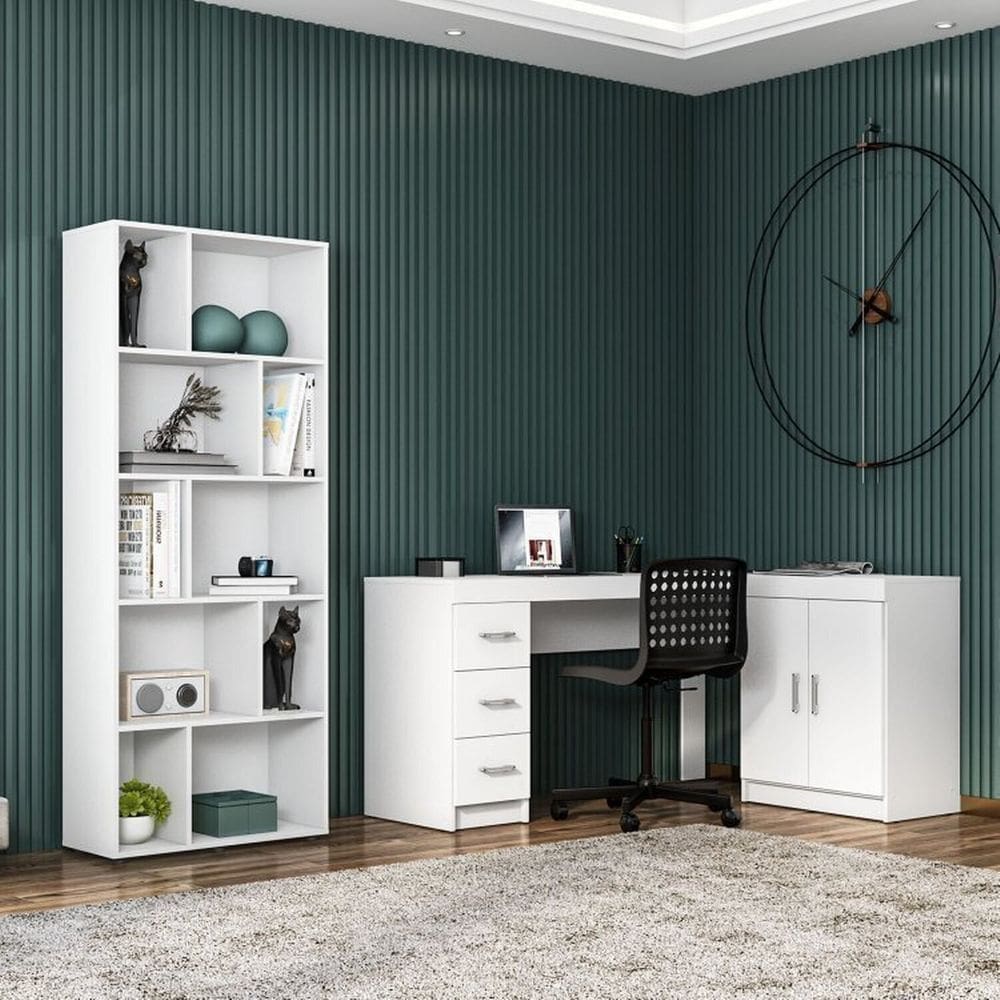 Mesa para Escritório em L 2 Portas e 3 Gavetas com Estante Montessoriana com 10 Nichos Branco