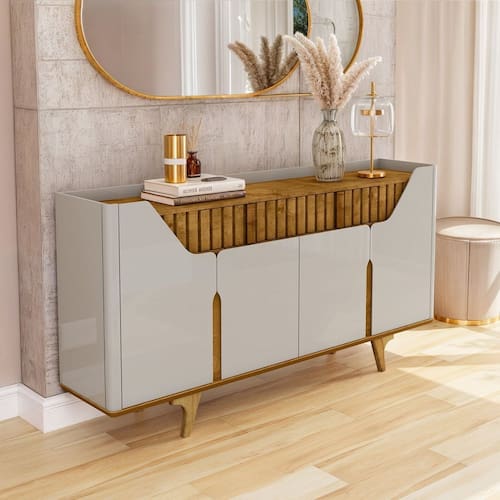 imagem-Aparador Buffet Portas em MDF Ripado Real Pés de Madeira Maciça Danúbio Off-White/Naturalle - Branco