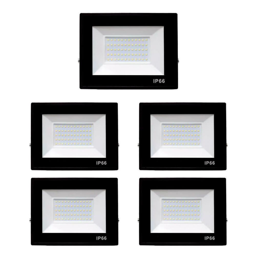 Kit 5 Refletores Led Slim Alumínio Preto 150W Branco-Frio